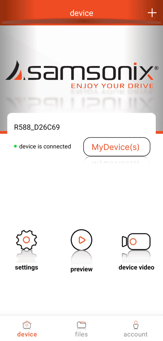 device screen: camera connected; settings / preview / device video