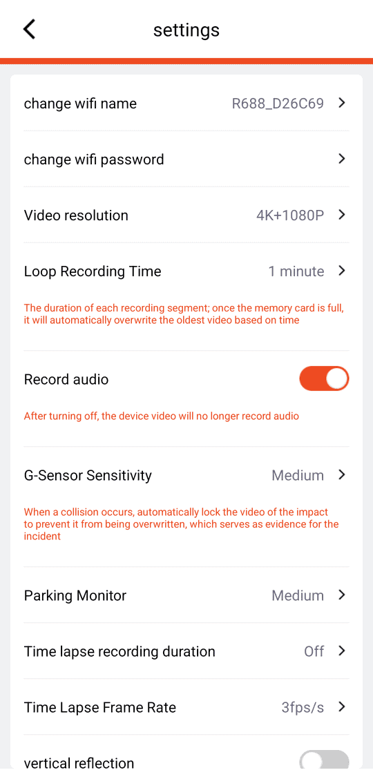 settings (top): Wi-Fi name / password, resolution, loop time, audio, G-sensor