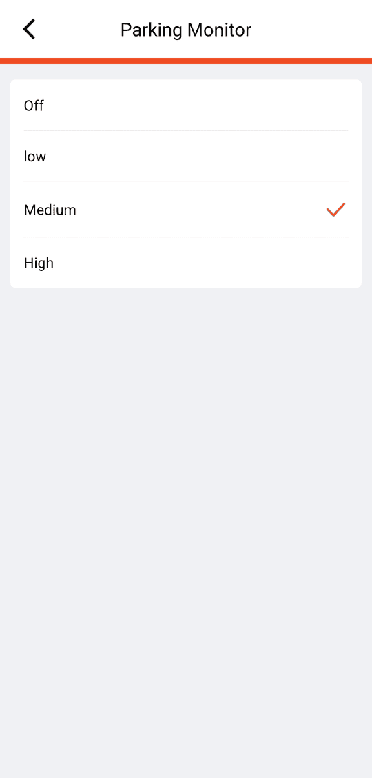 Parking Monitor: Off / Low / Medium / High