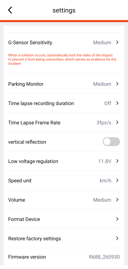 settings (bottom): parking, time-lapse, mirror / flip, low voltage, speed unit, volume, format, reset, firmware