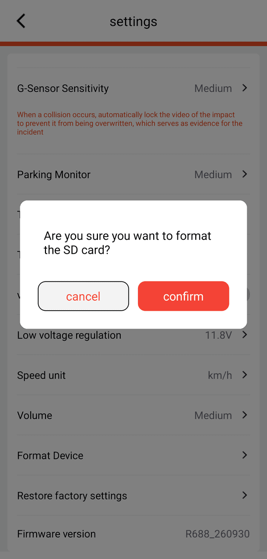 Format Device — confirm dialog (all recordings are deleted, see section 4)
