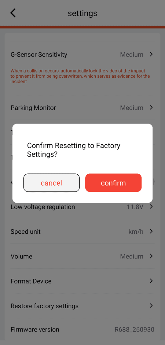 Restore factory settings — «Confirm Resetting to Factory Settings?» → confirm