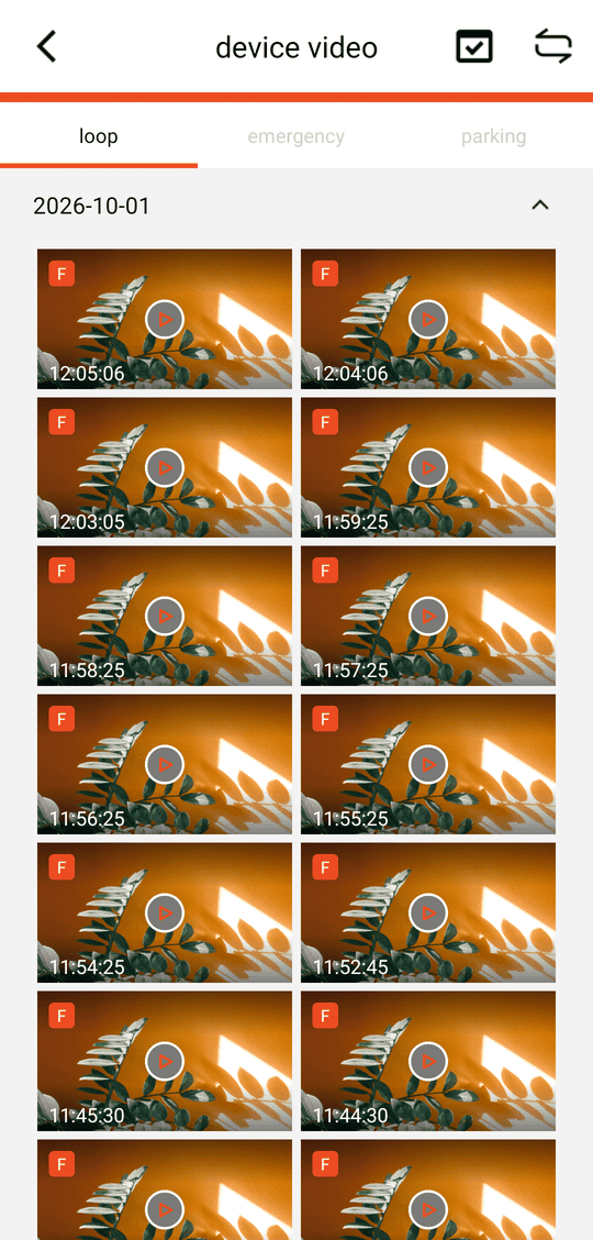 device video → loop: continuous recordings (Normal folder); F = front, B = back camera