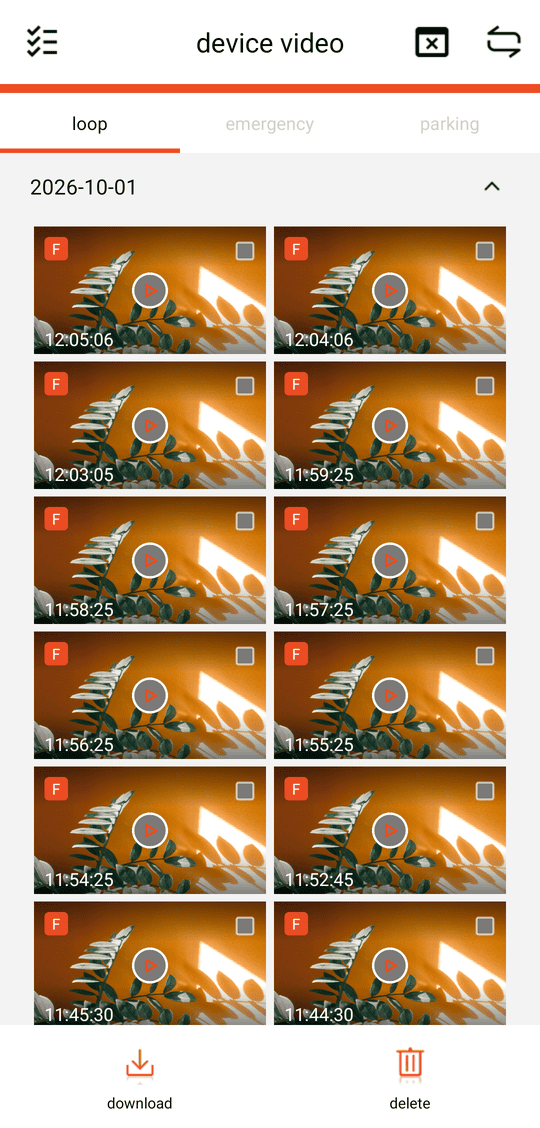Selection mode (tick box at the top right): tick files, then download or delete
